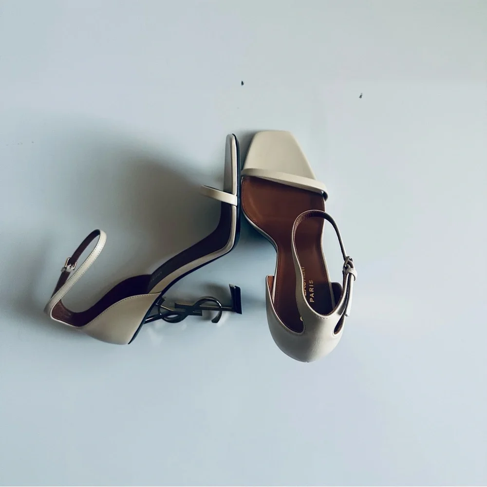 Saint Laurent Cream Heels with Gold Logo - Picture 9 of 11